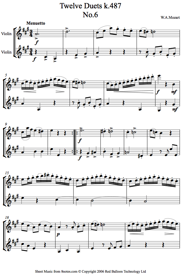 Mozart Twelve Duets k.487 No.6 sheet music for Violin Duet