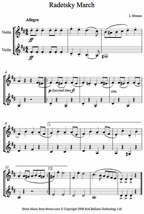 Strauss I - Radetsky March sheet music for Violin Duet - 8notes.com
