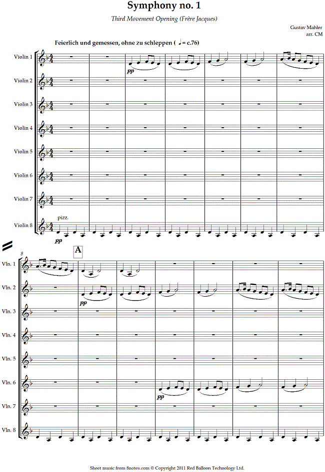 Mahler - Third Movement Opening (Frere Jacques) from Symphony No.1 sheet music for Violin Ensemble Mahler - Third Movement Opening (Frere Jacques) from Symphony No.1 sheet music for Violin Ensemble