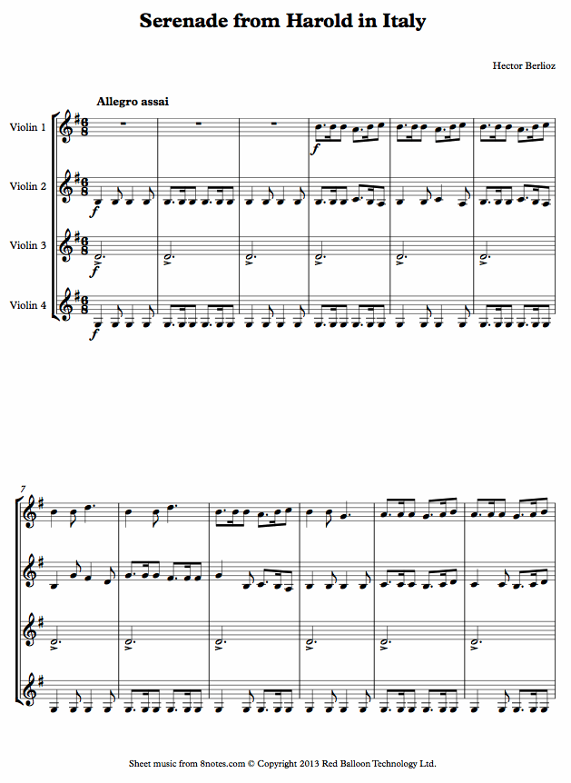 Berlioz - Serenade from Harold in Italy sheet music for Violin Quartet Berlioz - Serenade from Harold in Italy sheet music for Violin Quartet