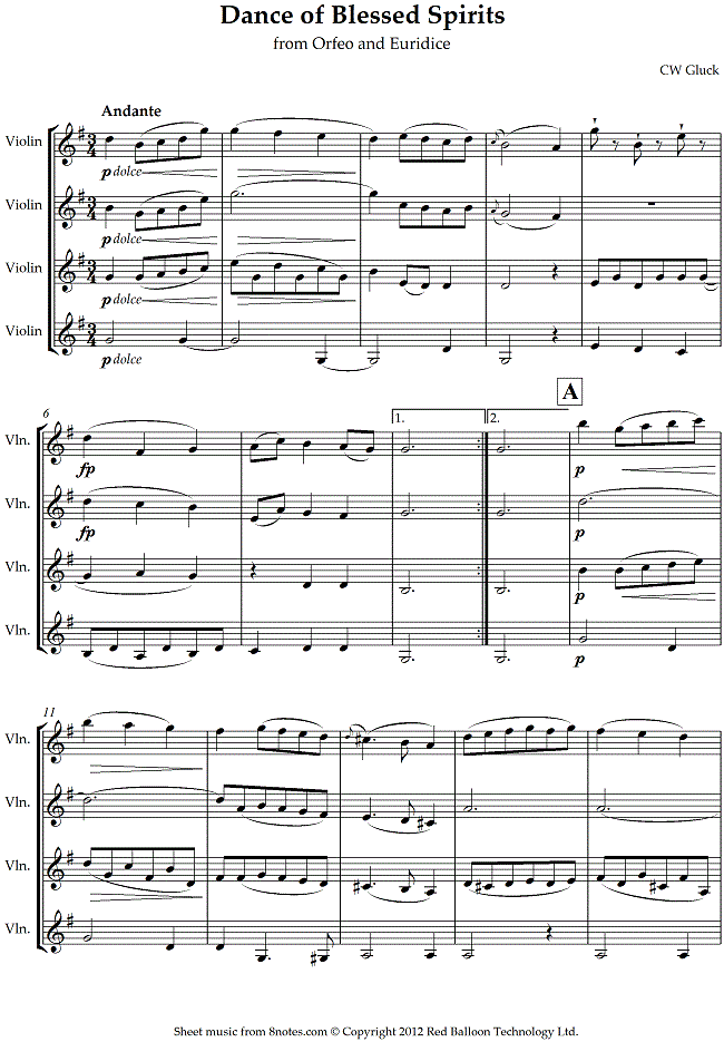 Gluck - Dance of Blessed Spirits from Orfeo and Euridice sheet music for Violin Quartet Gluck - Dance of Blessed Spirits from Orfeo and Euridice sheet music for Violin Quartet