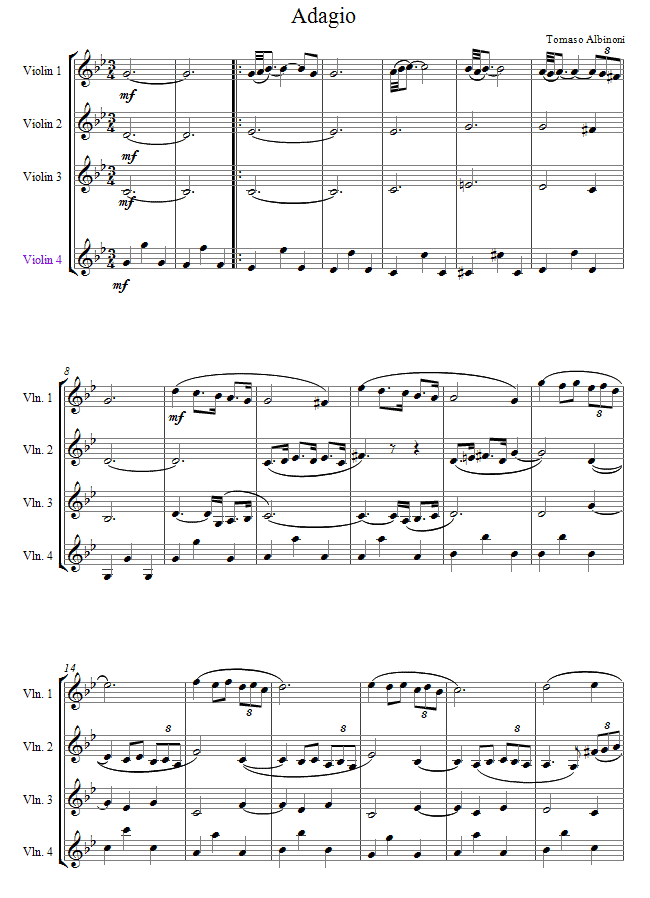 Albinoni - Adagio sheet music for Violin Quartet Albinoni - Adagio sheet music for Violin Quartet