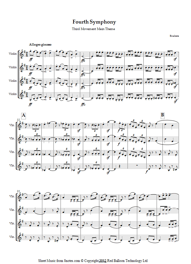 Brahms - 4th Symphony 3rd Mvt Main Theme sheet music for Violin Quartet Brahms - 4th Symphony 3rd Mvt Main Theme sheet music for Violin Quartet