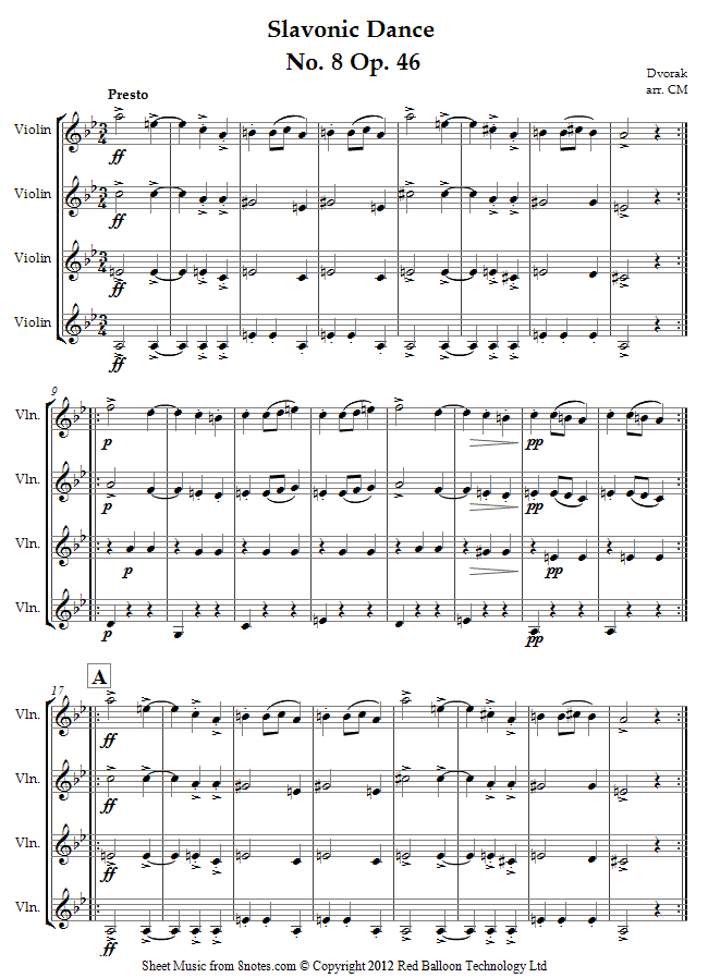Dvořák - Slavonic Dance No. 8 Op. 46 sheet music for Violin Quartet Dvořák - Slavonic Dance No. 8 Op. 46 sheet music for Violin Quartet