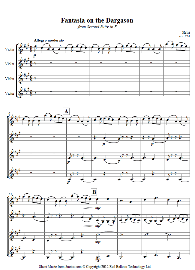 Holst - Fantasia on the Dargason from Second Suite in F sheet music for Violin Quartet Holst - Fantasia on the Dargason from Second Suite in F sheet music for Violin Quartet
