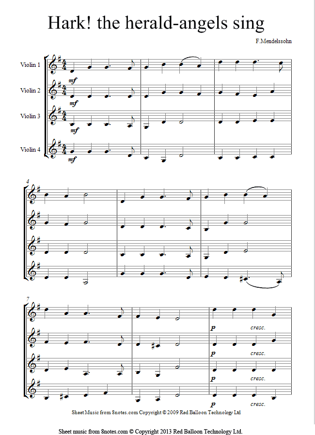 Mendelssohn - Hark the Herald Angels Sing sheet music for Violin Quartet Mendelssohn - Hark the Herald Angels Sing sheet music for Violin Quartet