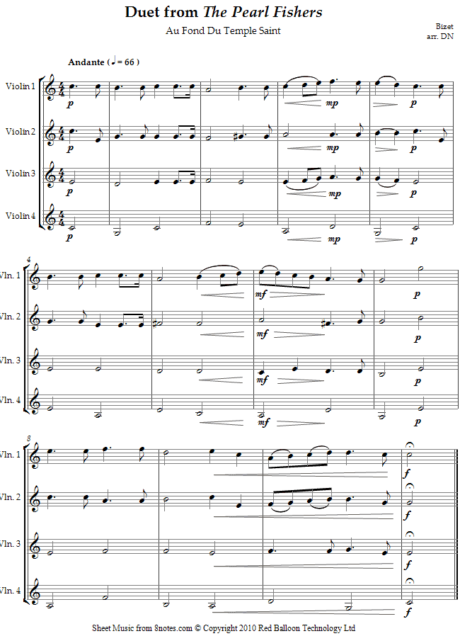 Bizet - Duet from The Pearl Fishers: Au Fond Du Temple Saint sheet music for Violin Quartet Bizet - Duet from The Pearl Fishers: Au Fond Du Temple Saint sheet music for Violin Quartet