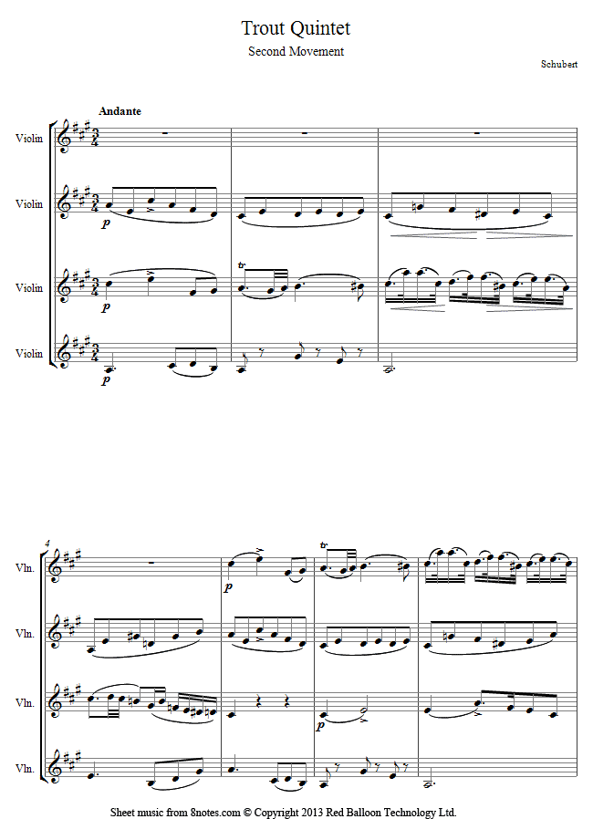 Schubert - Theme from The Trout Quintet sheet music for Violin Quartet Schubert - Theme from The Trout Quintet sheet music for Violin Quartet