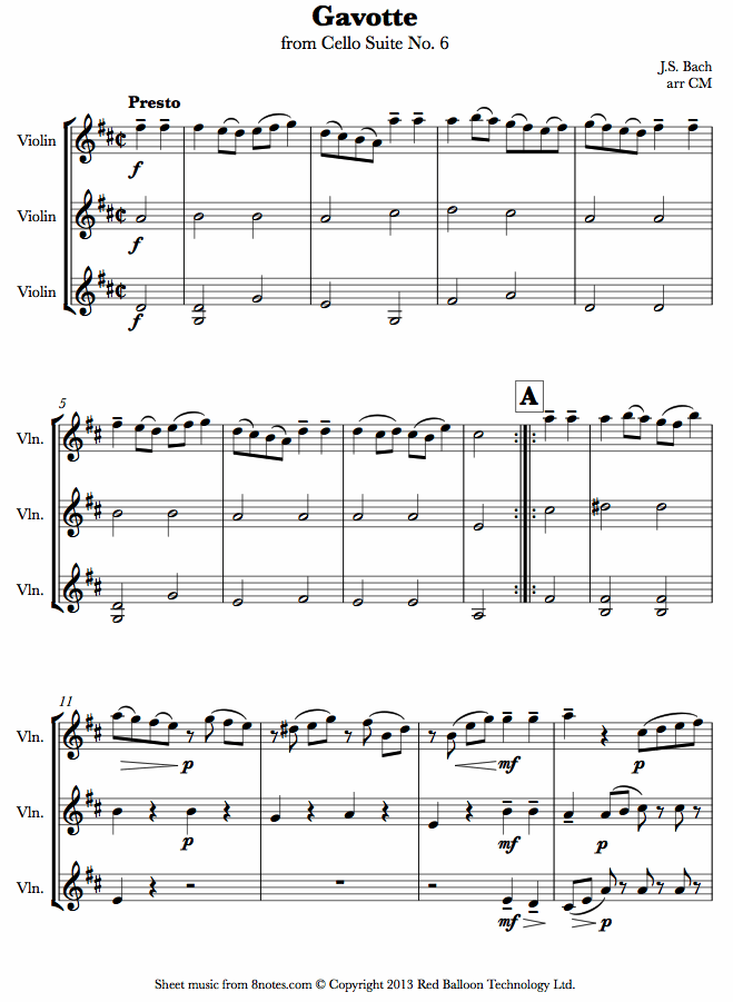 Bach - Gavotte from Cello Suite No.6 sheet music for Violin Trio Bach - Gavotte from Cello Suite No.6 sheet music for Violin Trio
