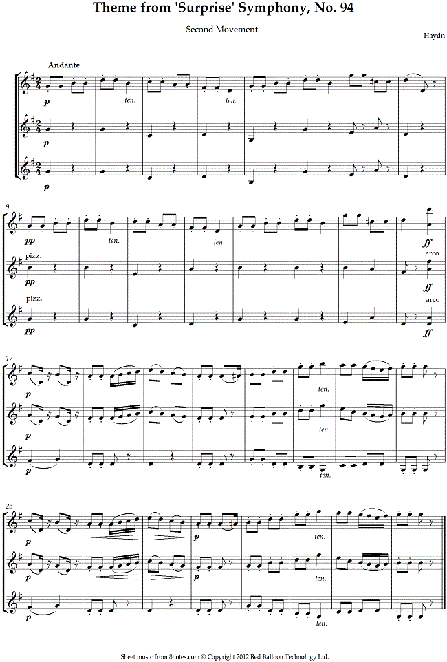 Haydn - Theme from Surprise Symphony, No. 94 2nd mvt sheet music for Violin Trio Haydn - Theme from Surprise Symphony, No. 94 2nd mvt sheet music for Violin Trio