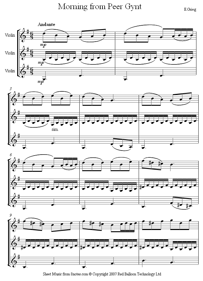 Grieg - Morning from Peer Gynt sheet music for Violin Trio Grieg - Morning from Peer Gynt sheet music for Violin Trio