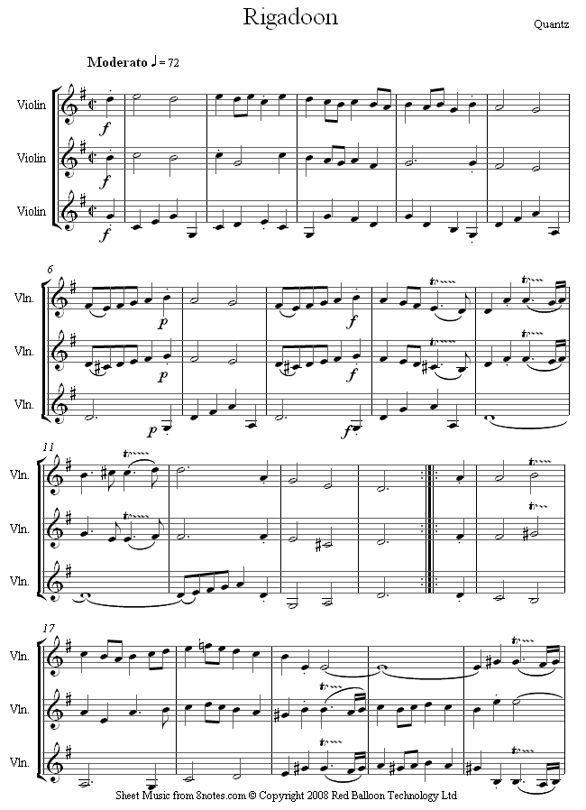 Quantz - Rigadoon sheet music for Violin Trio Quantz - Rigadoon sheet music for Violin Trio