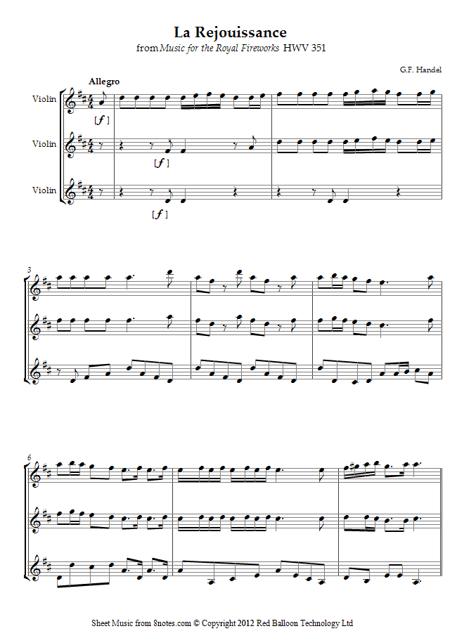 Handel - La Rejouissance from Music for the Royal Fireworks HWV 351 sheet music for Violin Trio Handel - La Rejouissance from Music for the Royal Fireworks HWV 351 sheet music for Violin Trio