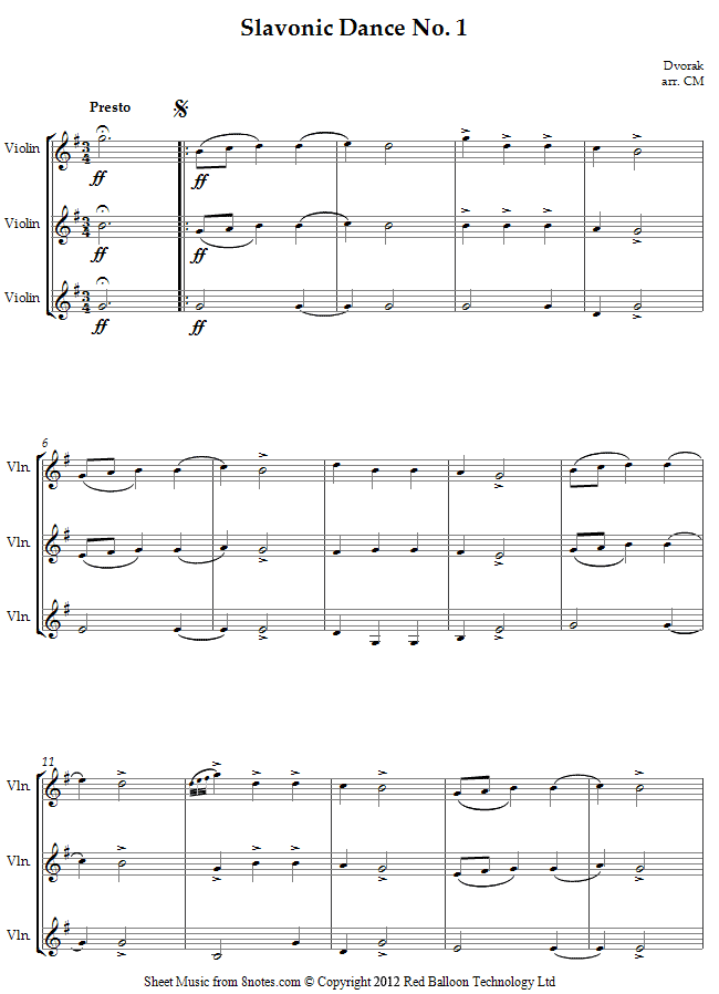 Dvořák - Slavonic Dance No. 1 sheet music for Violin Trio Dvořák - Slavonic Dance No. 1 sheet music for Violin Trio