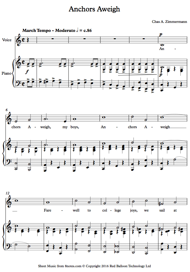 Chas A Zimmermann - Anchors Aweigh sheet music for Voice Chas A Zimmermann - Anchors Aweigh sheet music for Voice