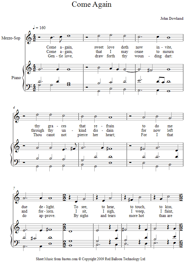 Dowland - Come Again sheet music for Voice Dowland - Come Again sheet music for Voice
