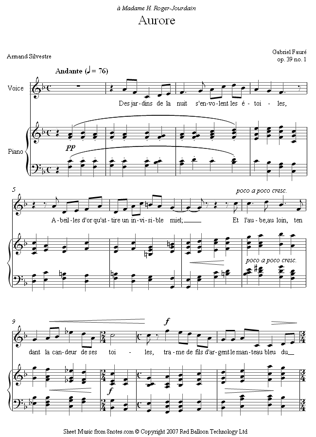 Fauré - Aurore Op.39 No.1 sheet music for Voice Fauré - Aurore Op.39 No.1 sheet music for Voice