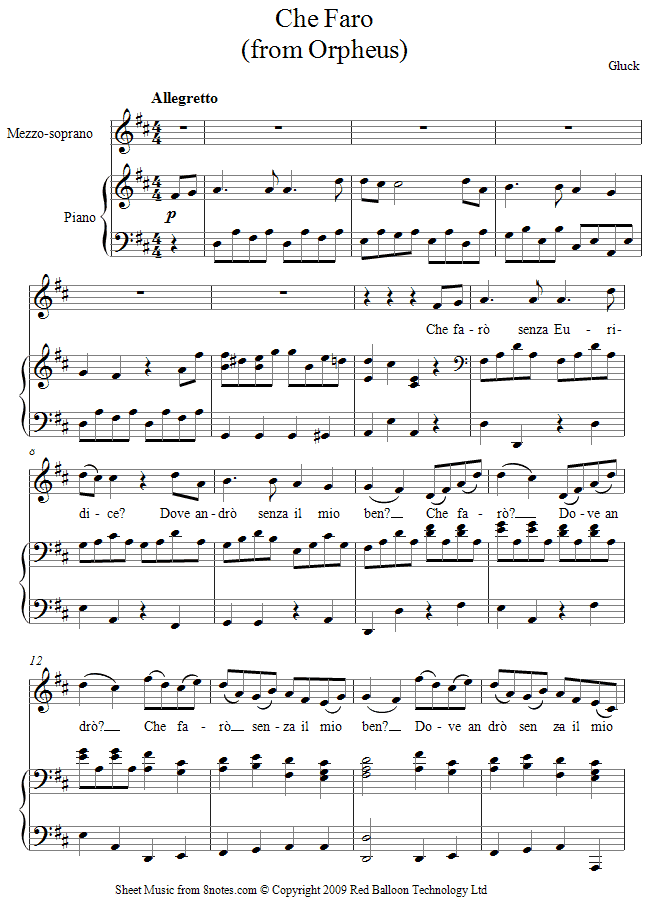 Gluck - Che faro from Orpheus sheet music for Voice Gluck - Che faro from Orpheus sheet music for Voice