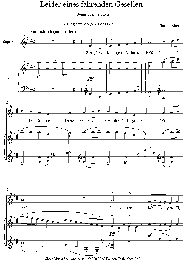 Mahler - Gieng heut Morgen uber`s Feld (Lieder eines fahrenden Gesellen) sheet music for Voice Mahler - Gieng heut Morgen uber`s Feld (Lieder eines fahrenden Gesellen) sheet music for Voice