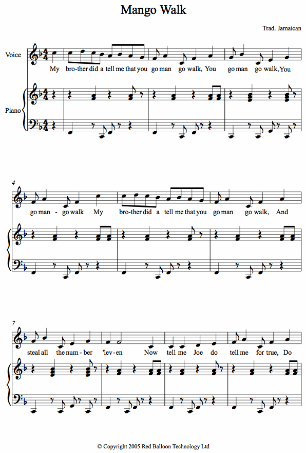Mango Walk (trad. Jamaican) sheet music for Voice Mango Walk (trad. Jamaican) sheet music for Voice