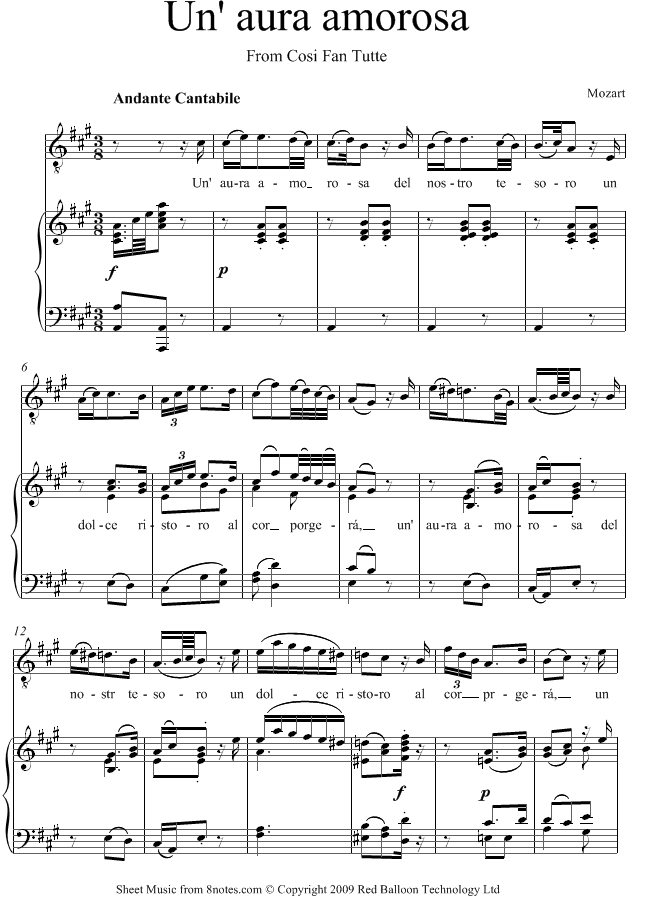 Mozart Un Aura Amorosa from Cosi fan tutte sheet music for Voice