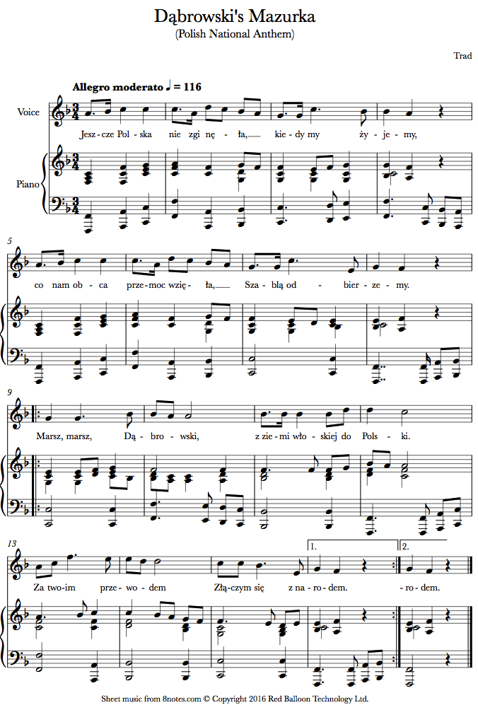 ﻿Polish National Anthem Dąbrowski's Mazurka sheet music for Voice