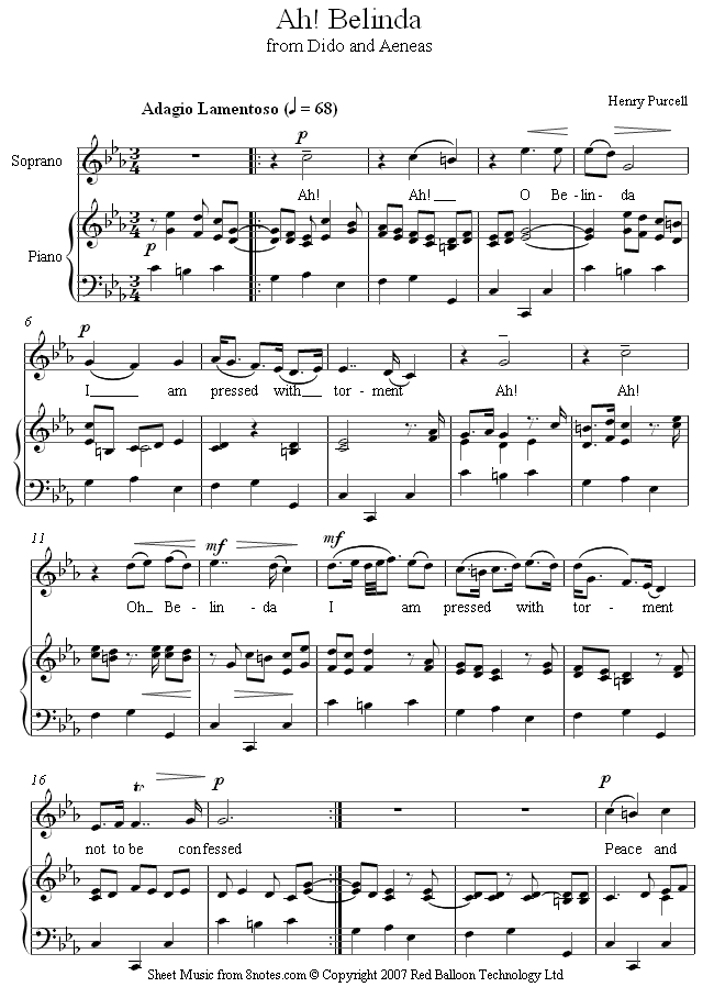 Purcell - Ah! Belinda from Dido and Aeneas sheet music for Voice Purcell - Ah! Belinda from Dido and Aeneas sheet music for Voice