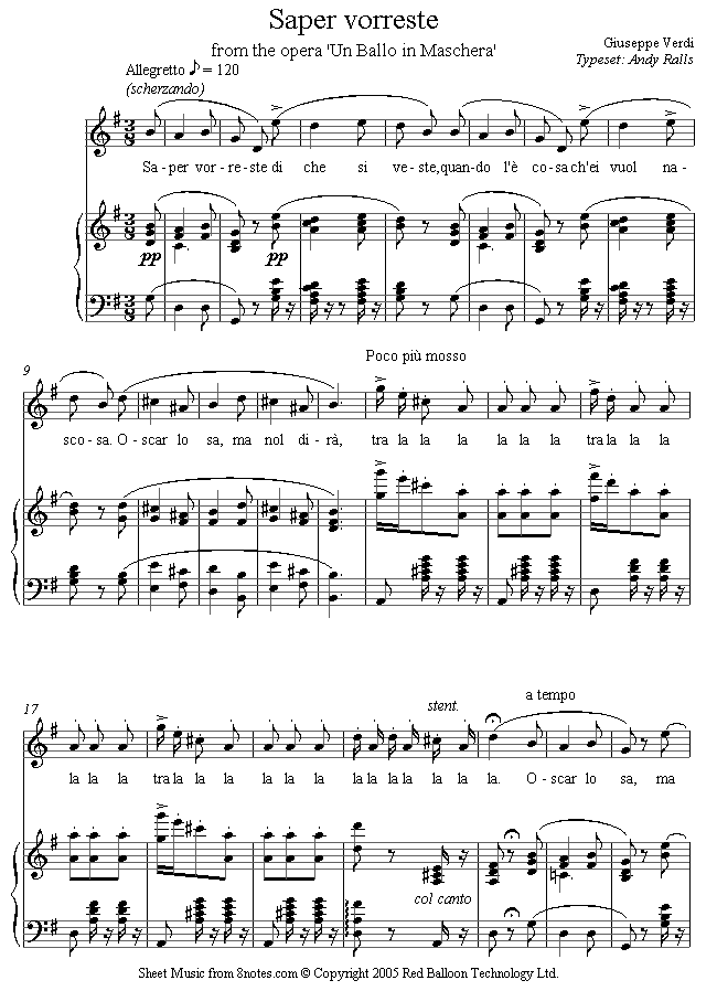 Verdi - Saper Vorreste from Il Ballo in Maschero sheet music for Voice Verdi - Saper Vorreste from Il Ballo in Maschero sheet music for Voice