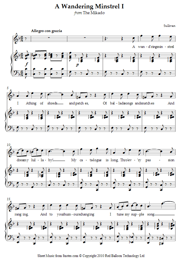Sullivan - A Wandering Minstrel I from The Mikado sheet music for Voice Sullivan - A Wandering Minstrel I from The Mikado sheet music for Voice