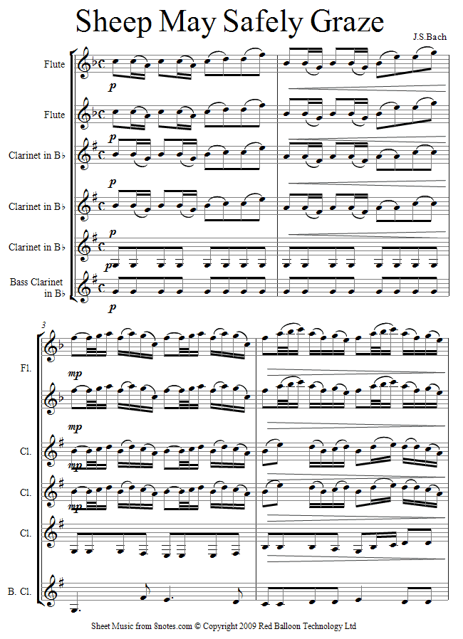 Bach - Sheep May Safely Graze from Cantata 208 (2fl,3cl,bass cl) sheet music for Wind Ensemble Bach - Sheep May Safely Graze from Cantata 208 (2fl,3cl,bass cl) sheet music for Wind Ensemble