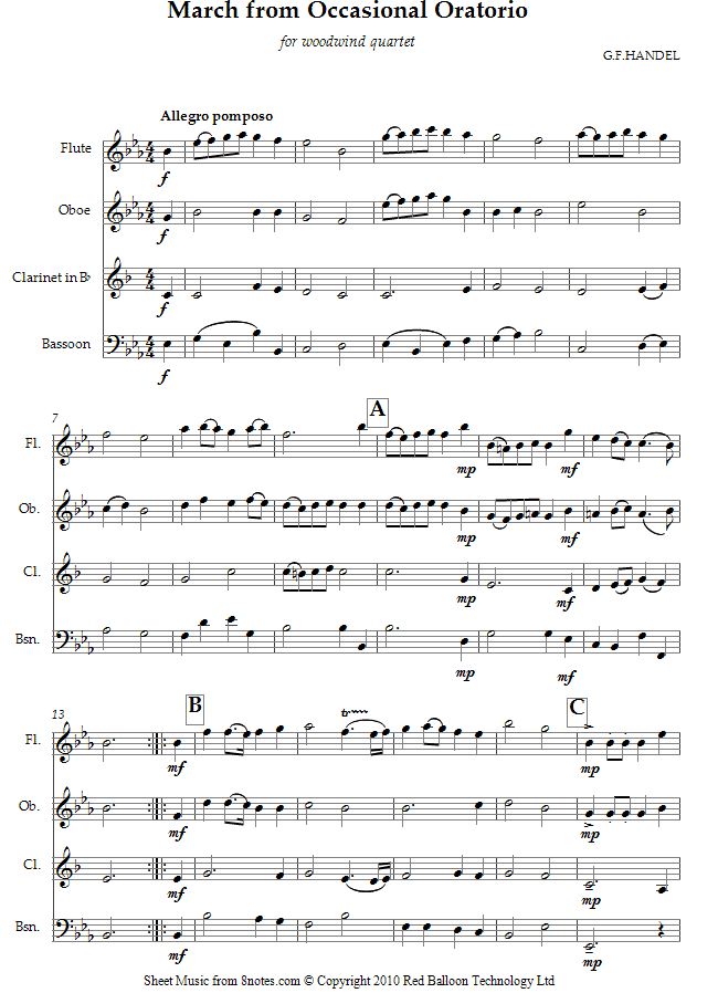 Handel - March from Occasional Oratorio sheet music for Wind Quartet Handel - March from Occasional Oratorio sheet music for Wind Quartet