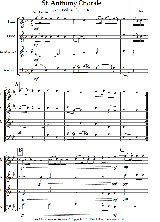 Haydn - St. Anthony Chorale sheet music for Wind Quartet Haydn - St. Anthony Chorale sheet music for Wind Quartet