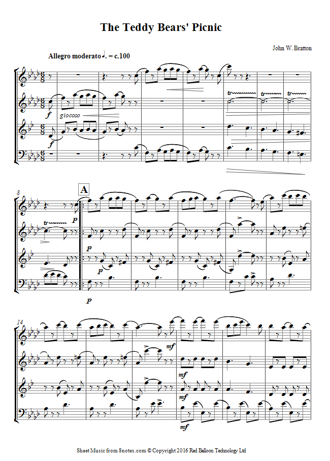 John W. Bratton The Teddy Bears' Picnic sheet music for Wind Quartet