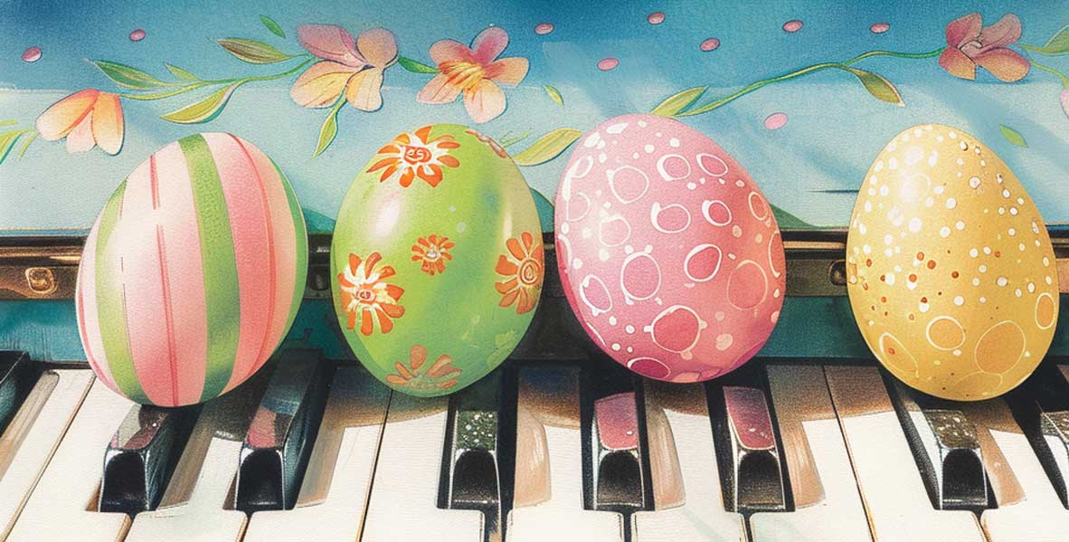 A piano with Easter Eggs