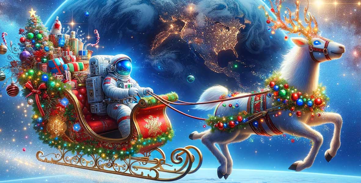 A spaceman riding a Christmas Sleigh