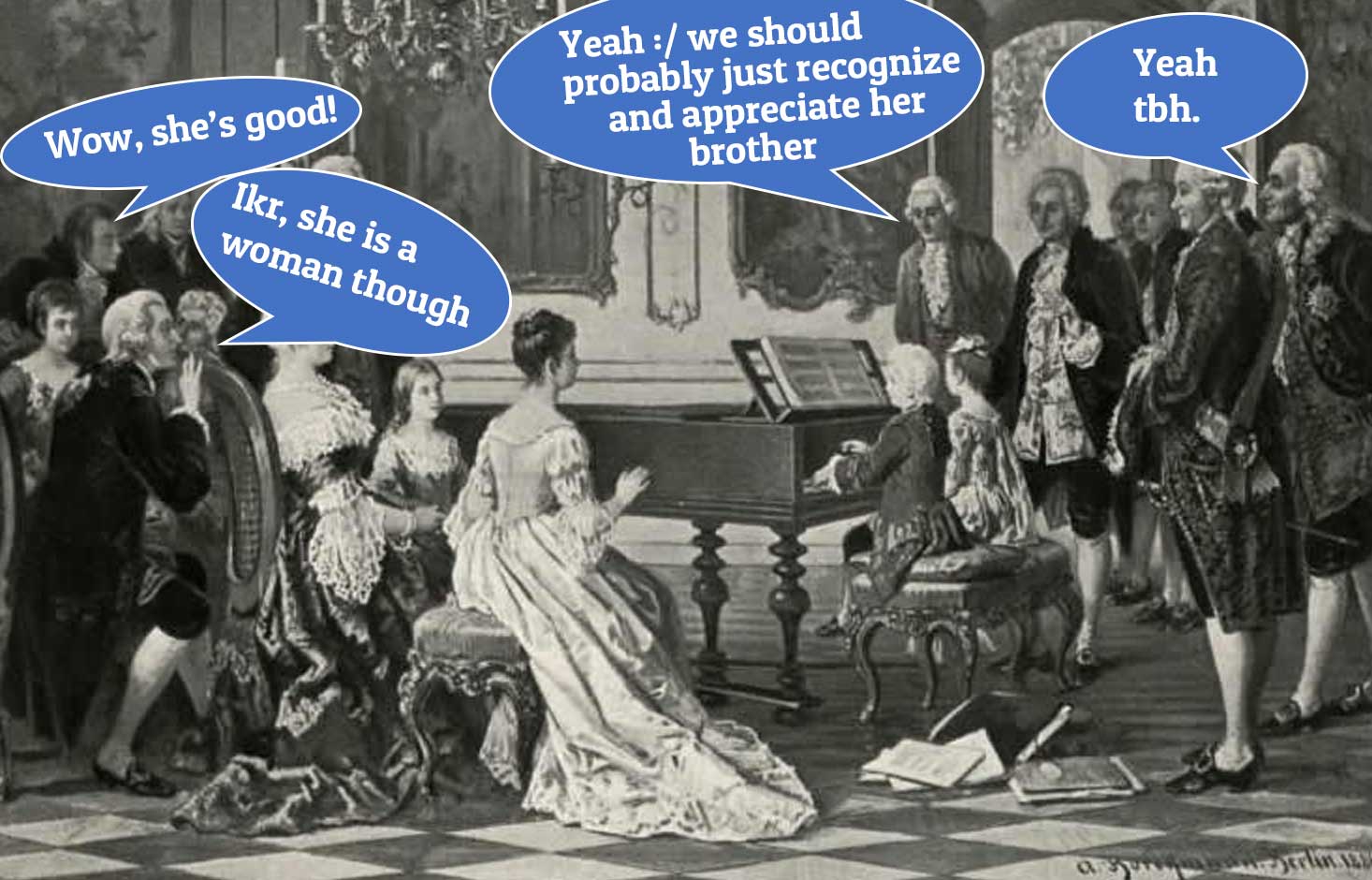 picture showing Maria Anna Mozart performing to some men.