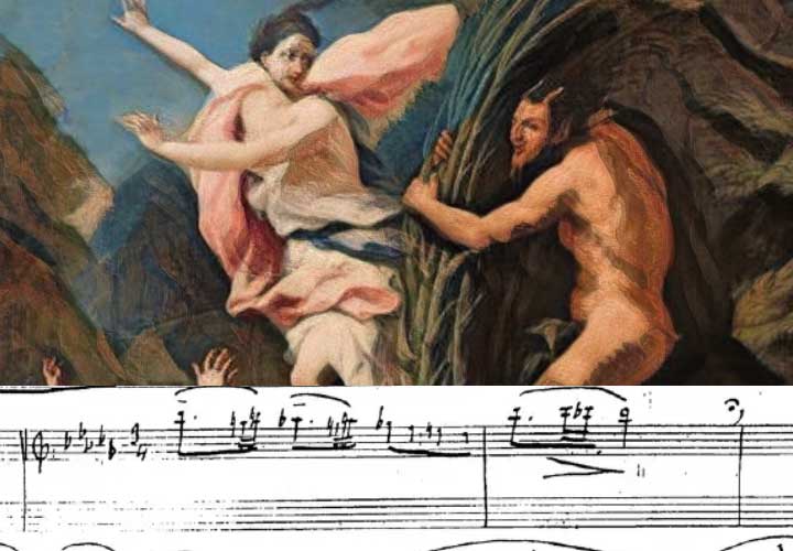 A scene depicting Pan and Syrinx, together with the opening bars of Debussy's manuscript