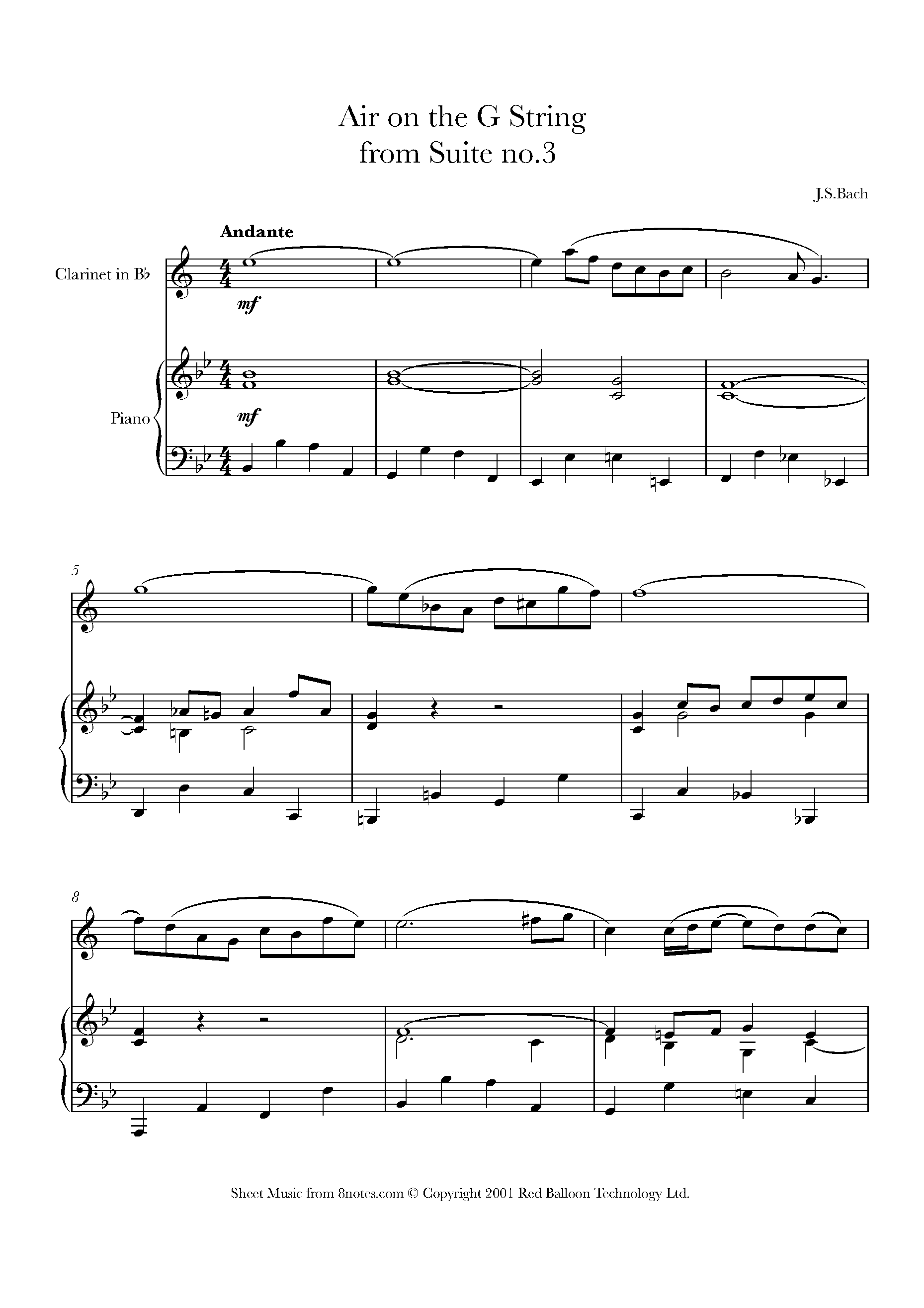 Bach Johann Sebastian Air on the G string for Clarinet Free Sheet music for Clarinet 8notes
