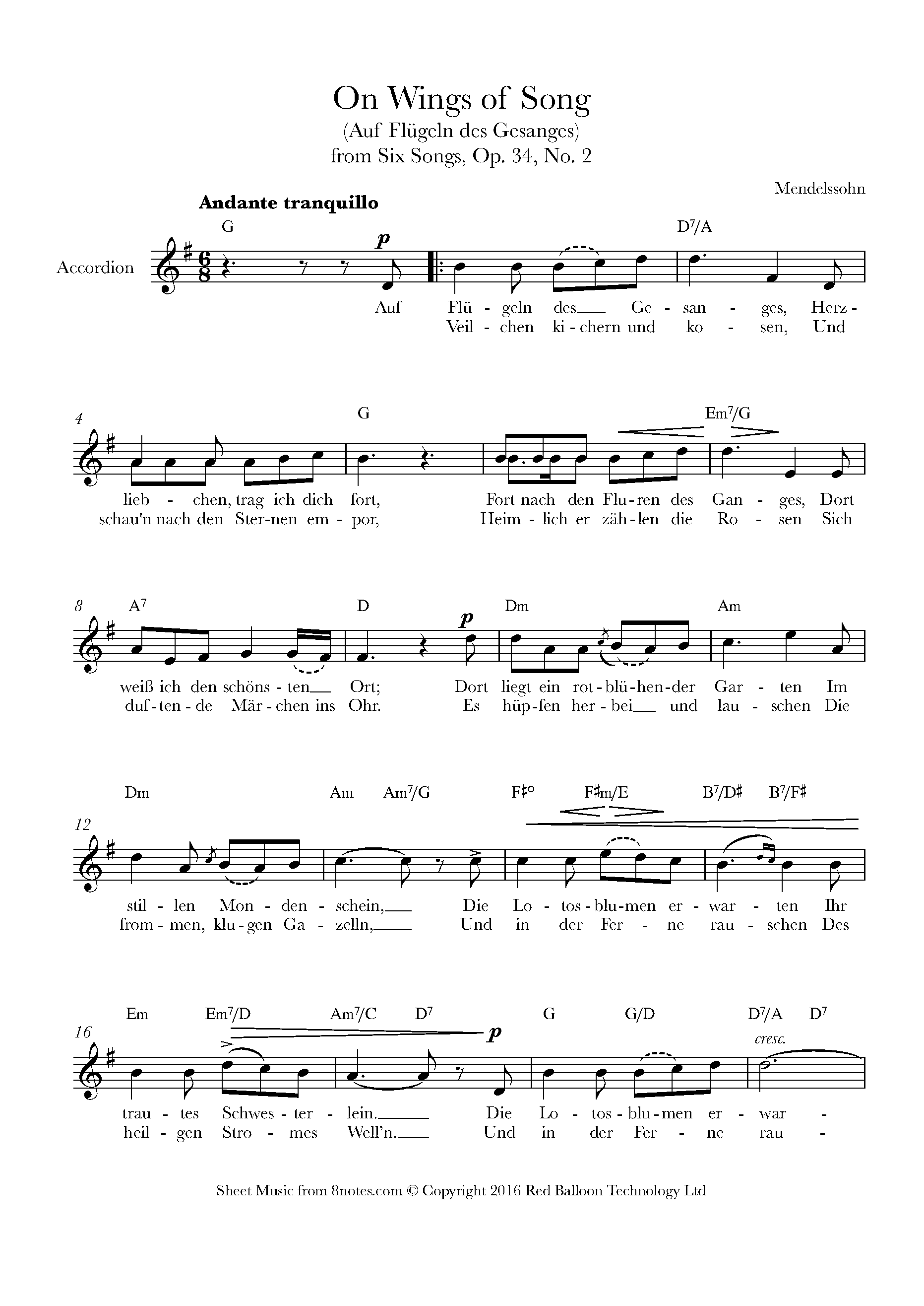 Mendelssohn On Wings of Song (Auf Flugeln des Gesanges) from Six