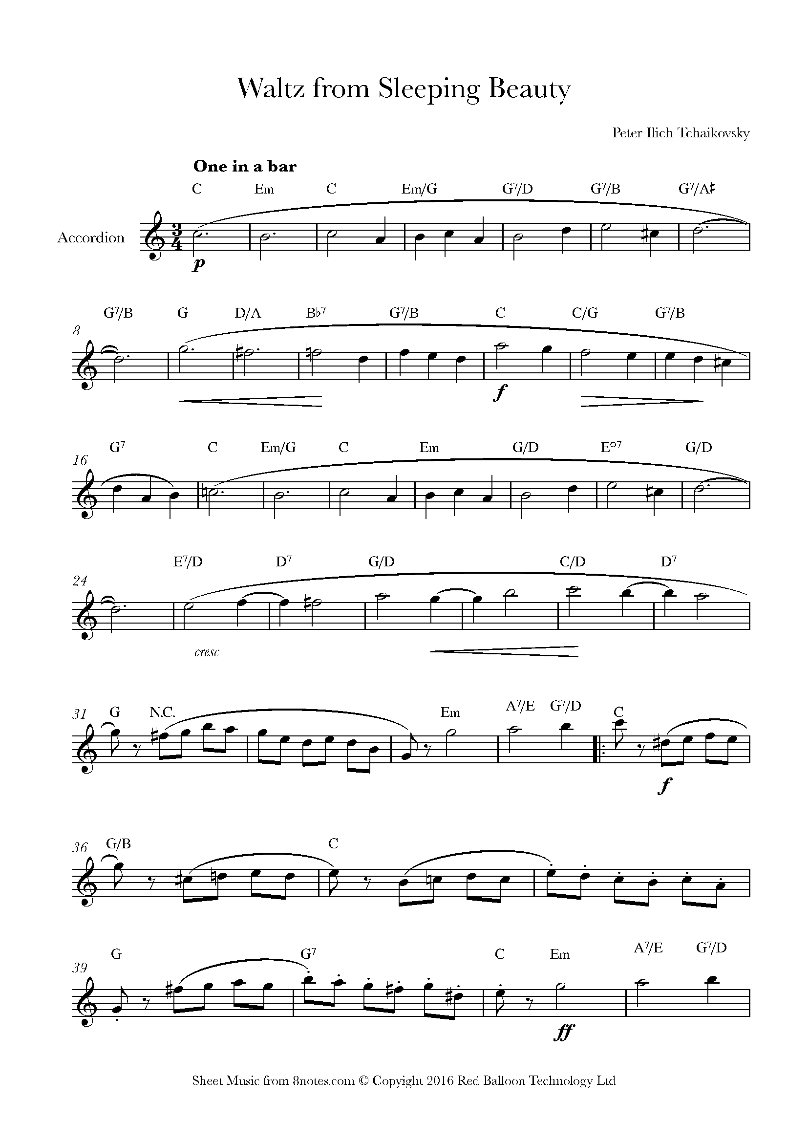 Tchaikovsky Waltz from Sleeping Beauty Sheet music for Accordion