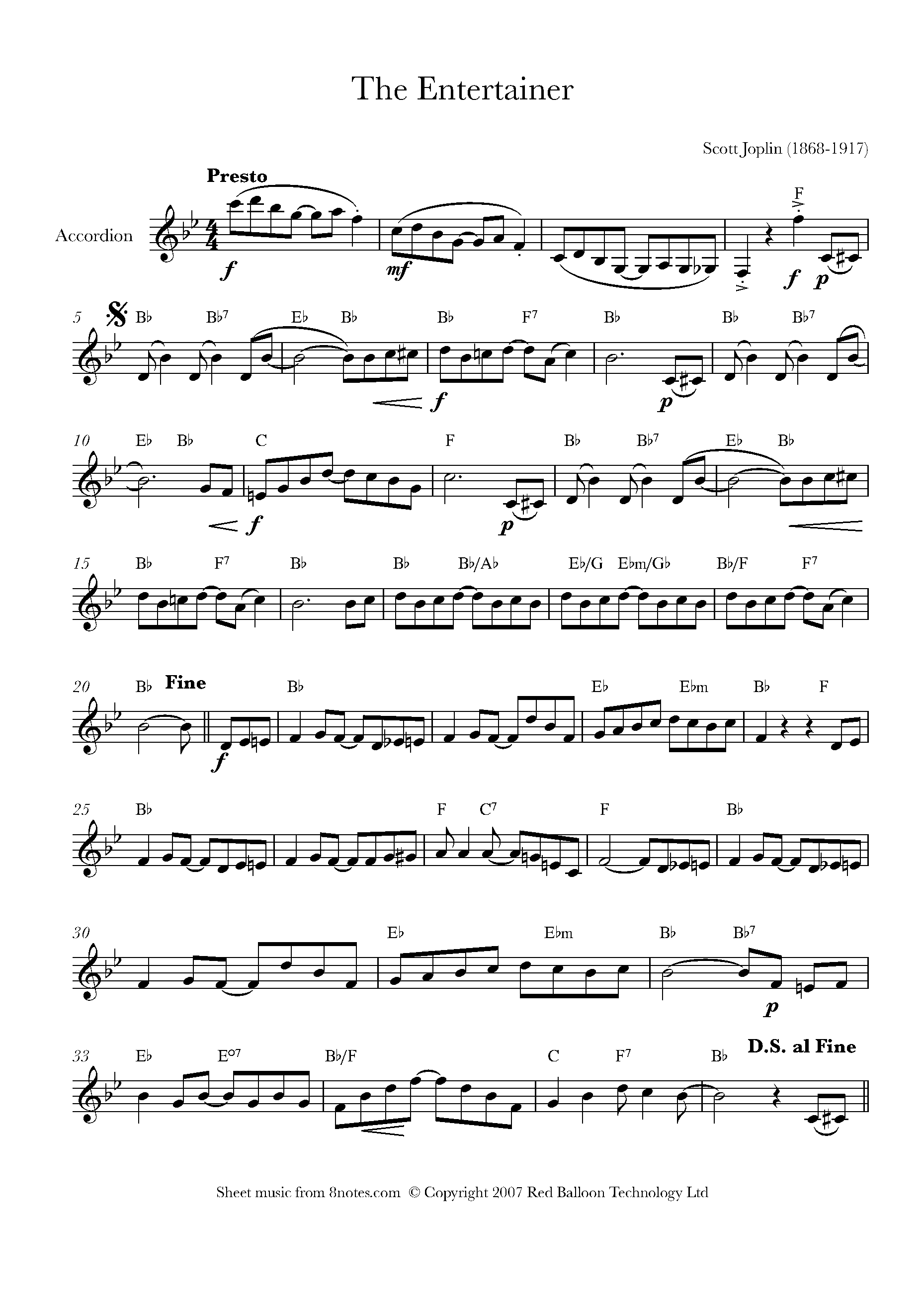 Scott Joplin The Entertainer Sheet music for Accordion