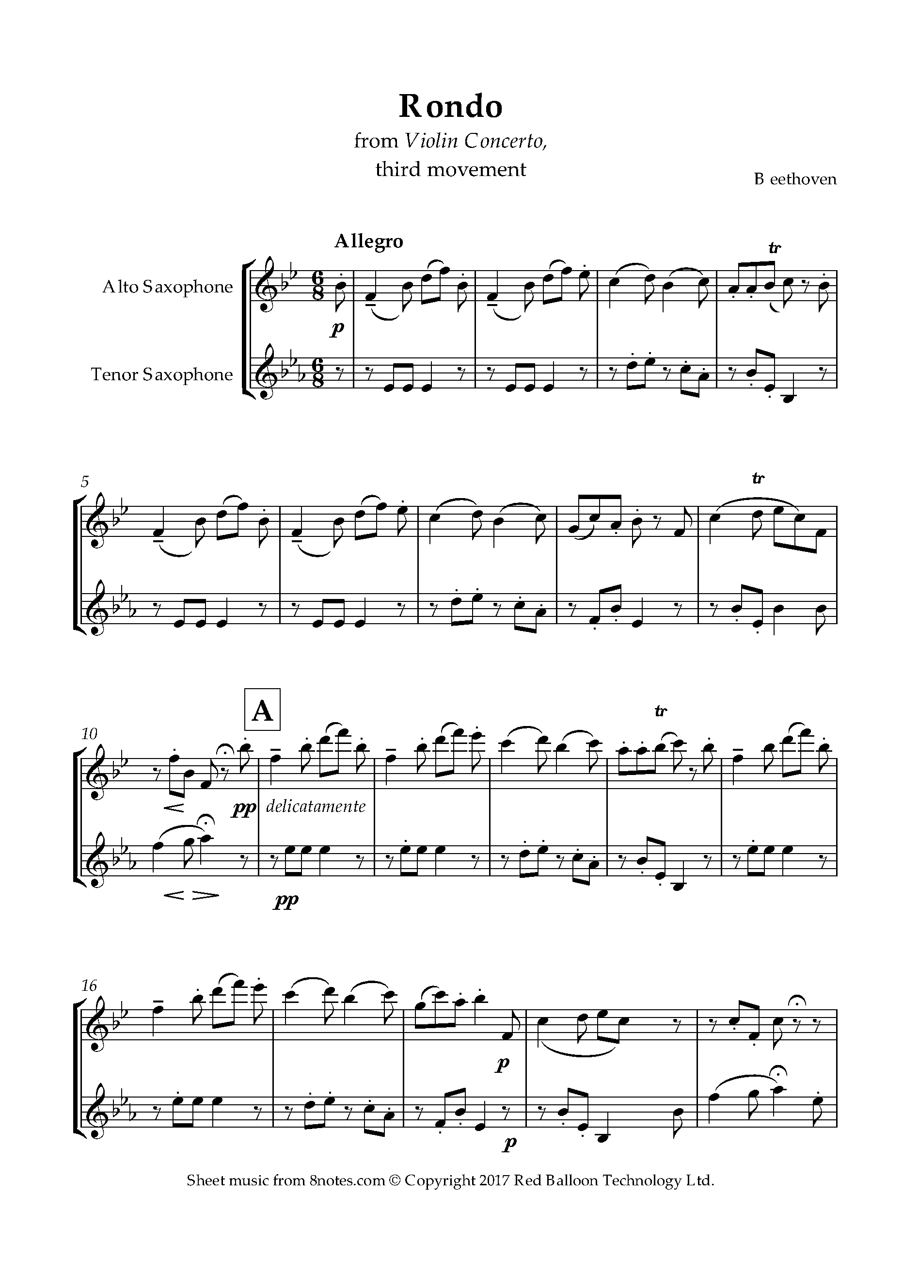 Beethoven Rondo Theme from Violin Concerto, third movement Sheet music for AltoTenorSax Duet