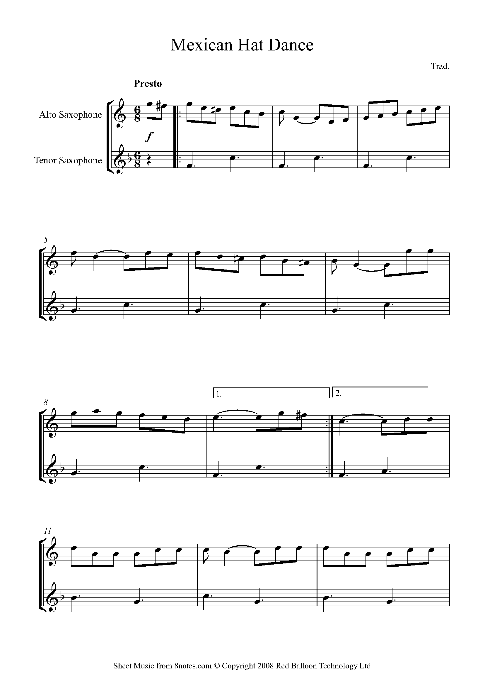 Mexican Hat Dance (Mexico) Sheet music for AltoTenorSax Duet