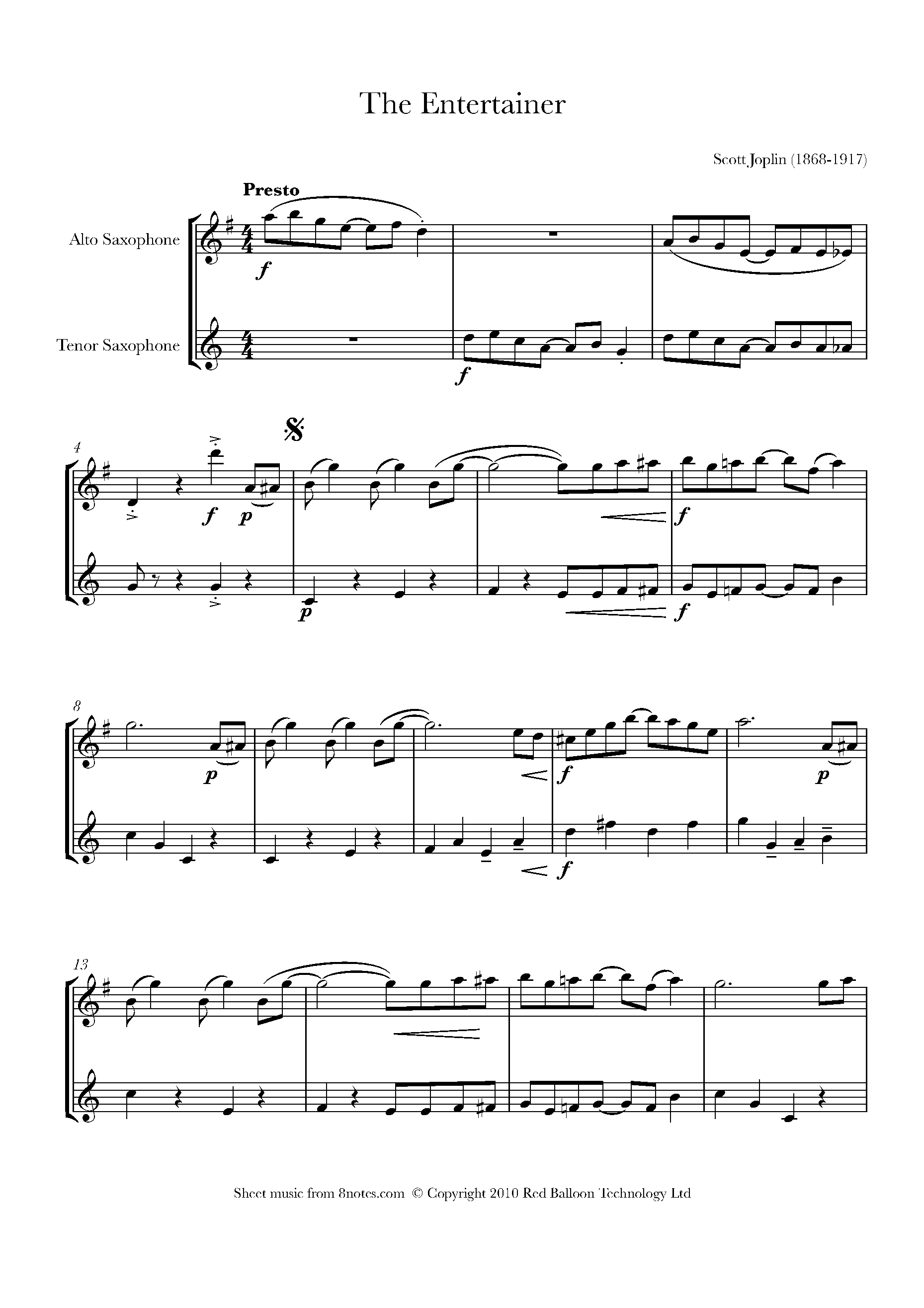 Scott Joplin The Entertainer for Alto Tenor Sax Duet Free Sheet music for Alto Tenor Sax Duet 8notes