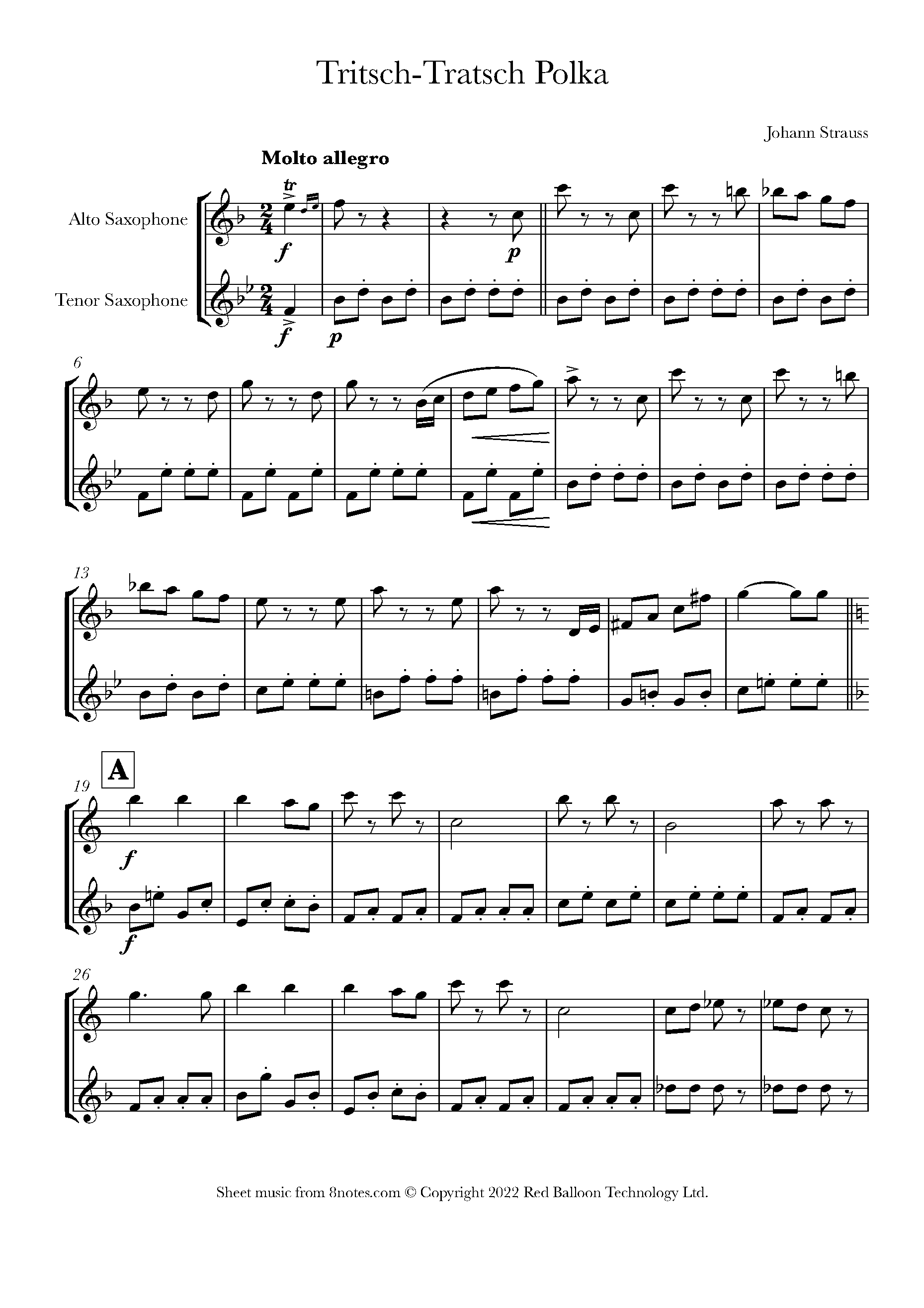 Strauss II TritschTratsch Polka Sheet music for AltoTenorSax Duet