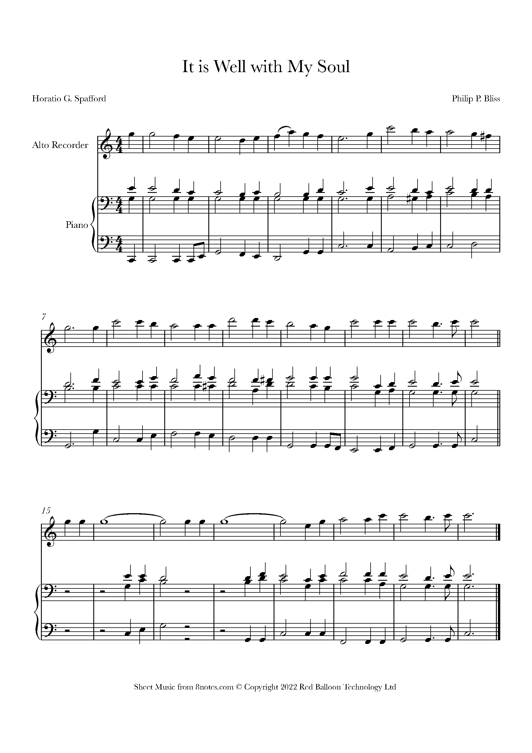 It is Well with My Soul (Philip P. Bliss) Sheet music for Alto Recorder