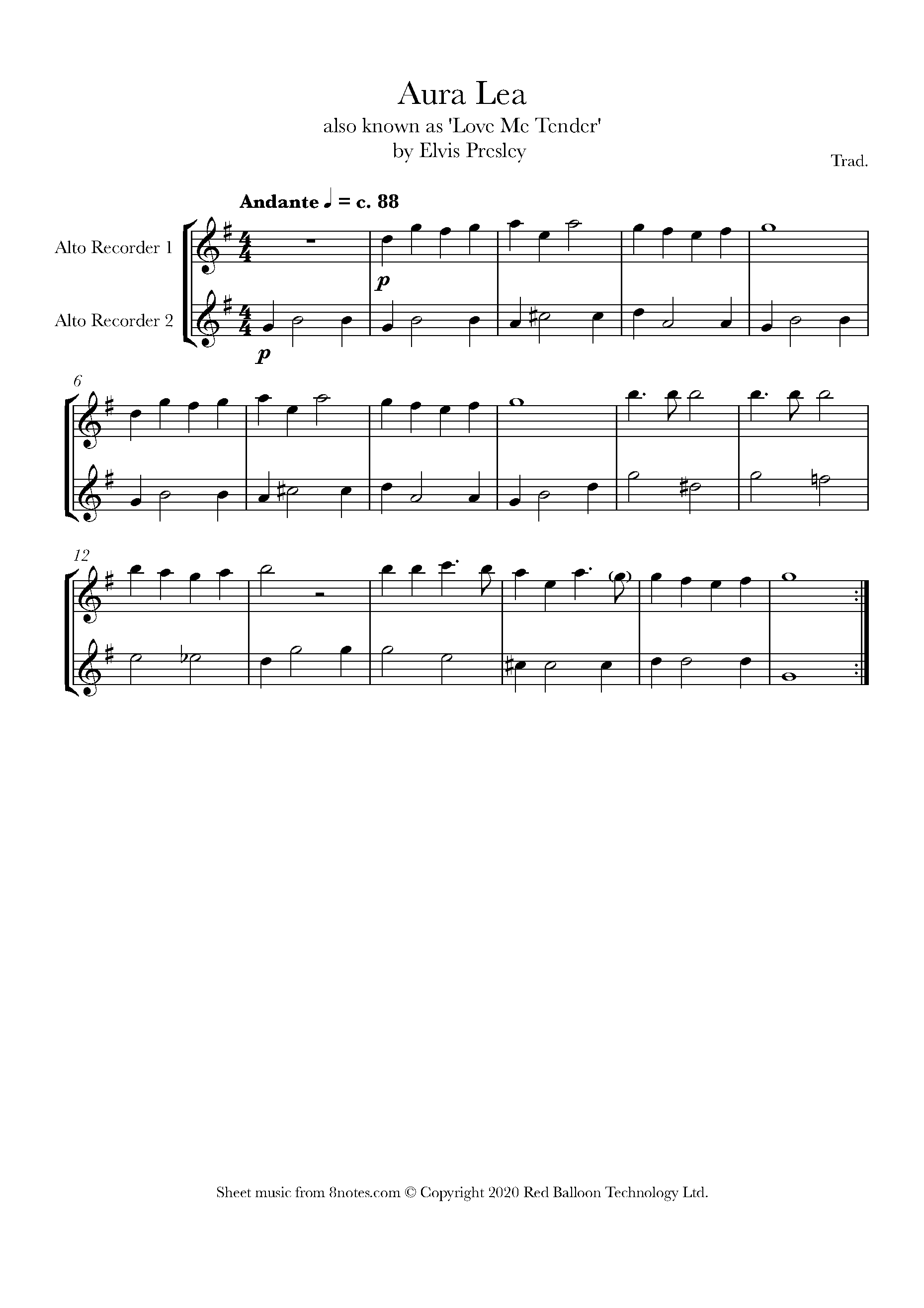 Aura Lea (aka Love Me Tender) Sheet music for Alto Recorder Duet