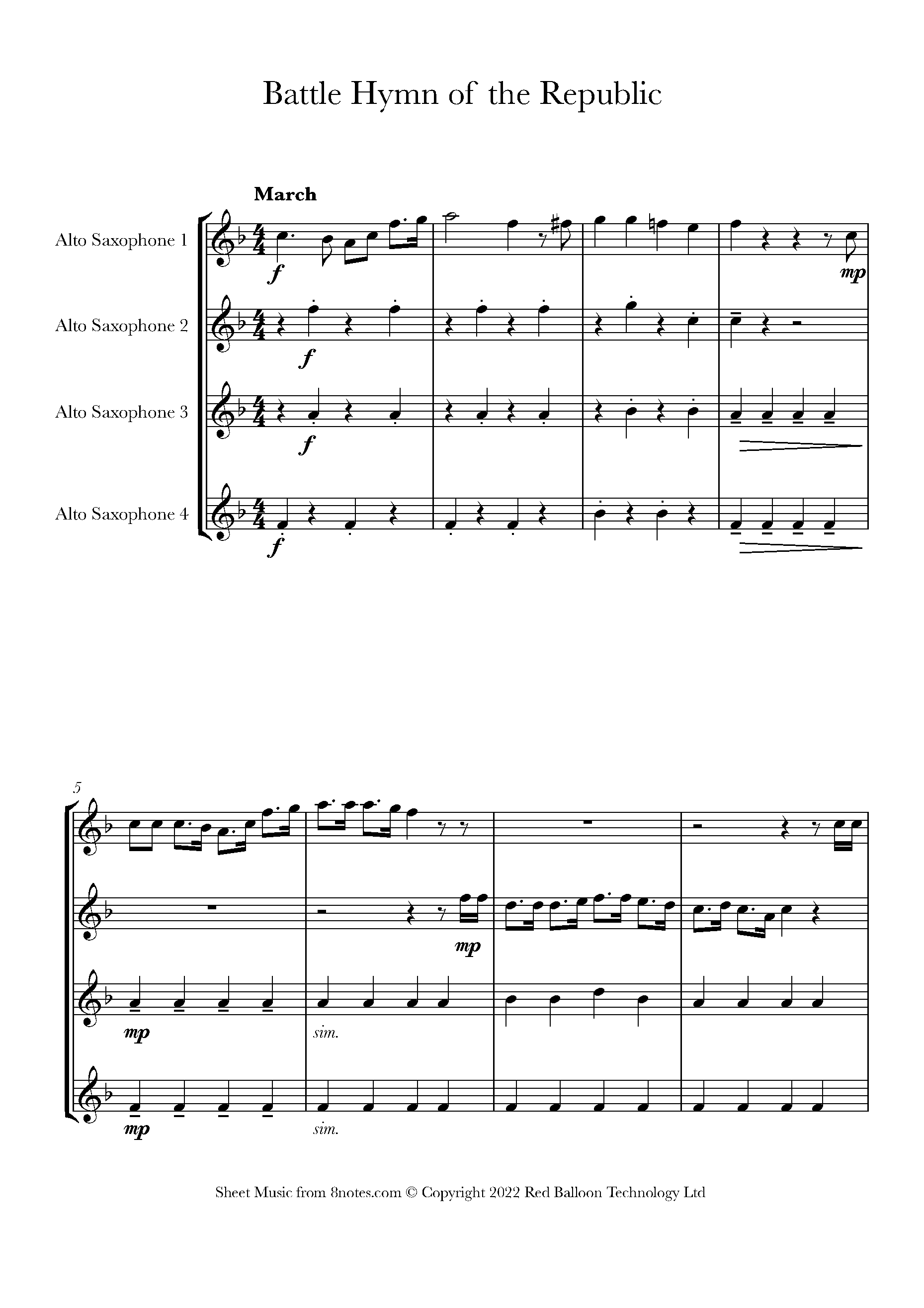 Howe The Battle Hymn of the Republic Sheet music for Alto Sax Quartet