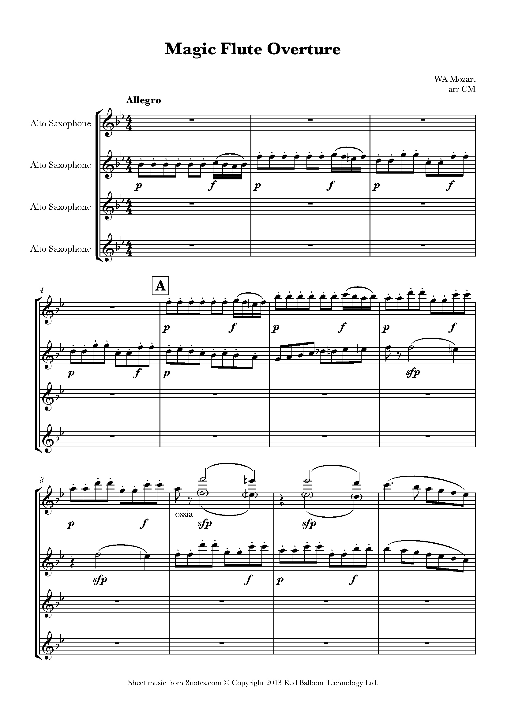 Mozart Magic Flute Overture Sheet music for Alto Sax Quartet