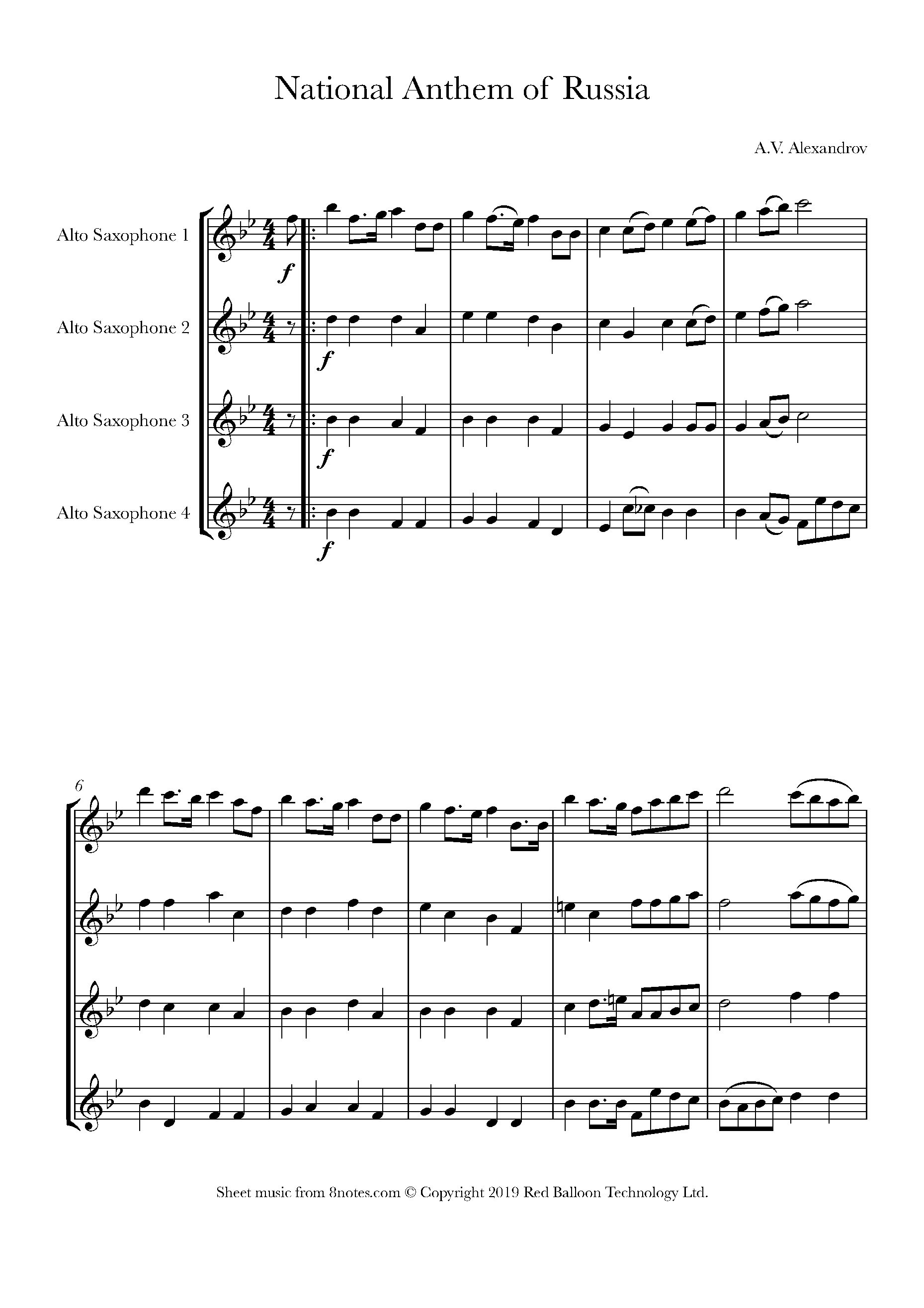 National Anthem of Russia (Alexandrov) Sheet music for Alto Sax Quartet